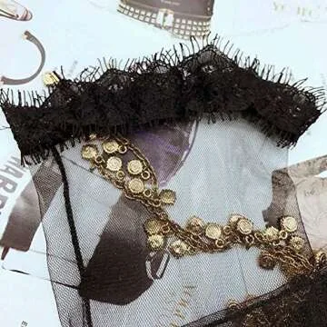 Women's Vintage Style Sheer Slouch Socks Black Luxury Lace Loose Fit See Through Mesh Tulle Medium Calf Socks (Black)