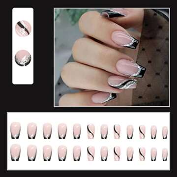 Black French Tip Press on Nails Medium Length Square Fake Nails with Silver Glitter Line Designs Glo...