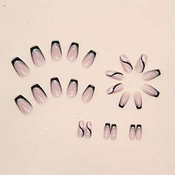 Black French Tip Press on Nails Medium Length Square Fake Nails with Silver Glitter Line Designs Glossy Coffin Nails Full Cover Nail Tips Glue on Nails Artificial Acrylic False Nails for Women 24Pcs