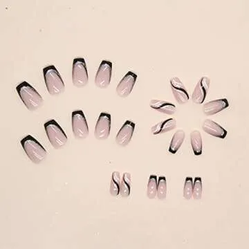 Black French Tip Press on Nails Medium Length Square Fake Nails with Silver Glitter Line Designs Glossy Coffin Nails Full Cover Nail Tips Glue on Nails Artificial Acrylic False Nails for Women 24Pcs