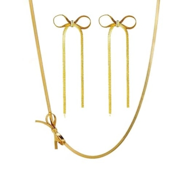 Elegant Bow Dangle Choker Necklace and Long Earrings Set