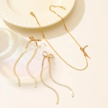 Elegant Bow Dangle Choker Necklace and Earrings Set