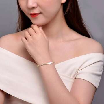 Agriajun Gold Beaded Friendship Stretch Bracelets for Women Trendy Boho White Cross Stackable Beads ...