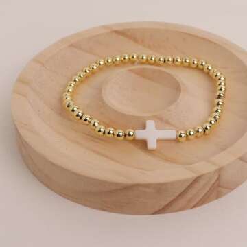 Agriajun Gold Beaded Friendship Stretch Bracelets for Women Trendy Boho White Cross Stackable Beads Ball Friend Bracelet Fashion Jewelry Gift