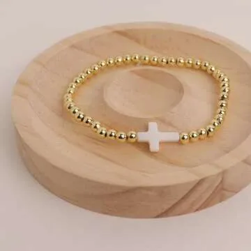 Agriajun Gold Beaded Friendship Stretch Bracelets for Women Trendy Boho White Cross Stackable Beads Ball Friend Bracelet Fashion Jewelry Gift