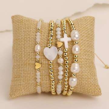 Agriajun Gold Beaded Friendship Stretch Bracelets for Women Trendy Boho White Cross Stackable Beads Ball Friend Bracelet Fashion Jewelry Gift
