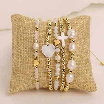 Agriajun Gold Beaded Friendship Stretch Bracelets for Women Trendy Boho White Cross Stackable Beads Ball Friend Bracelet Fashion Jewelry Gift