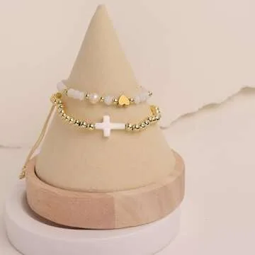 Agriajun Gold Beaded Friendship Stretch Bracelets for Women Trendy Boho White Cross Stackable Beads Ball Friend Bracelet Fashion Jewelry Gift