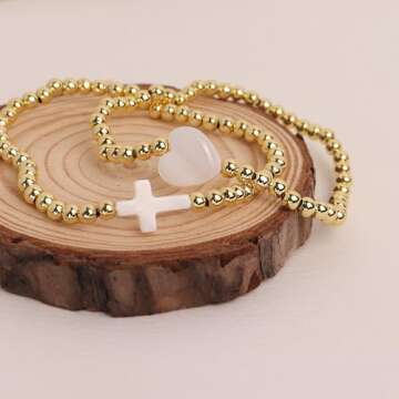 Agriajun Gold Beaded Friendship Stretch Bracelets for Women Trendy Boho White Cross Stackable Beads Ball Friend Bracelet Fashion Jewelry Gift