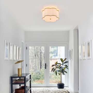 ELYCCUPA Semi-Flush Mount Ceiling Light with Off-White Fabric Drum Flower Shade 3-Light Brass Modern Mini Chandelier for Bedroom Hallway Dining Room Corridor Kitchen, UL Listed