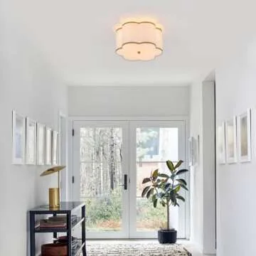 ELYCCUPA Semi-Flush Mount Ceiling Light with Off-White Fabric Drum Flower Shade 3-Light Brass Modern Mini Chandelier for Bedroom Hallway Dining Room Corridor Kitchen, UL Listed