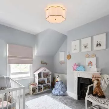 ELYCCUPA Semi-Flush Mount Ceiling Light with Off-White Fabric Drum Flower Shade 3-Light Brass Modern Mini Chandelier for Bedroom Hallway Dining Room Corridor Kitchen, UL Listed