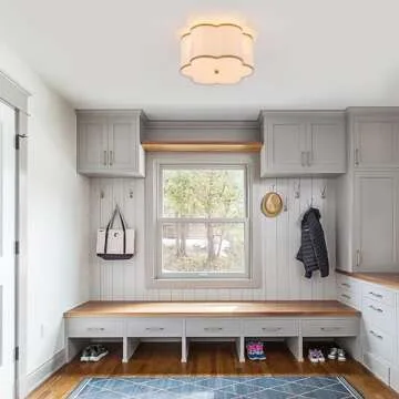 ELYCCUPA Semi-Flush Mount Ceiling Light with Off-White Fabric Drum Flower Shade 3-Light Brass Modern Mini Chandelier for Bedroom Hallway Dining Room Corridor Kitchen, UL Listed