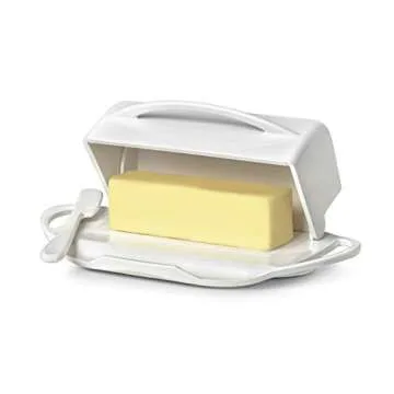 Butterie Flip-Top Butter Dish with Lid & Matching Knife, Holds 2 Sticks/Kerrygold Butter, No-Mess Butter Holder, Shatterproof, Dishwasher Safe, White