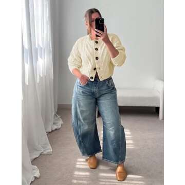 Zhiyouni Women's Cropped Cardigan Sweater Chunky Cable Knit Long Sleeves Button Down Coat(Beige-M)