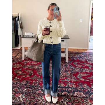 Zhiyouni Women's Cropped Cardigan Sweater Chunky Cable Knit Long Sleeves Button Down Coat(Beige-M)