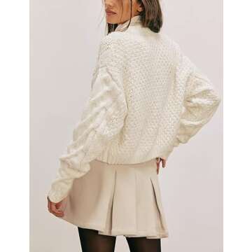 Zhiyouni Women's Cropped Cardigan Sweater Chunky Cable Knit Long Sleeves Button Down Coat(Beige-M)