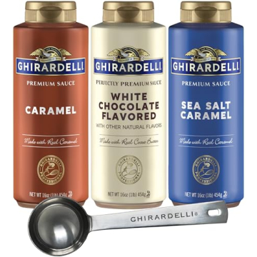 Ghirardelli Sea Salt Caramel, White Chocolate and Caramel Flavored Sauce 16 oz Bottles (Pack of 3) with Ghirardelli Stamped Barista Spoon