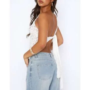 ABYOVRT Women One Shoulder Lace Top Irregular Hem Backless Crop Tops See Through Sheer Tank Tops Going Out Clubwear (L,White)