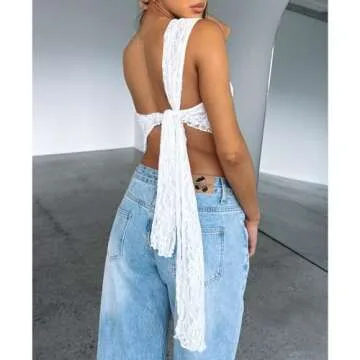 ABYOVRT Women One Shoulder Lace Top Irregular Hem Backless Crop Tops See Through Sheer Tank Tops Going Out Clubwear (L,White)