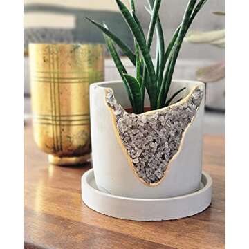 4 Inch Crystal Plant Pot with Saucer - Cement Geode Planter - Concrete Pots for Plants - Modern Succ...