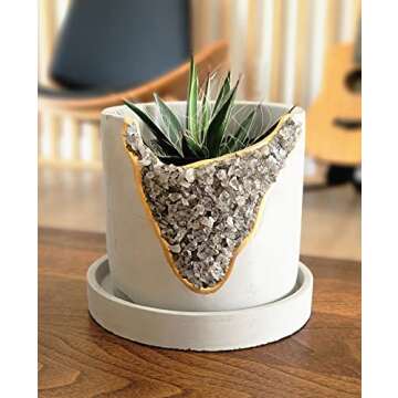 4 Inch Crystal Plant Pot with Saucer - Cement Geode Planter - Concrete Pots for Plants - Modern Succulent Pot Indoor - Unique Air Plant Holder - Candle Holder - Small Plant Home Decor (Smoky Quartz)