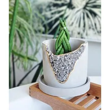 4 Inch Crystal Plant Pot with Saucer - Cement Geode Planter - Concrete Pots for Plants - Modern Succulent Pot Indoor - Unique Air Plant Holder - Candle Holder - Small Plant Home Decor (Smoky Quartz)
