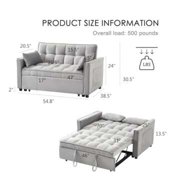 FENFSHE Modern Velvet 3-in-1 Convertible Sofa Bed with Adjustable Backrest and Storage, Includes Pillows, Ideal for Living Room or Bedroom(Grey)