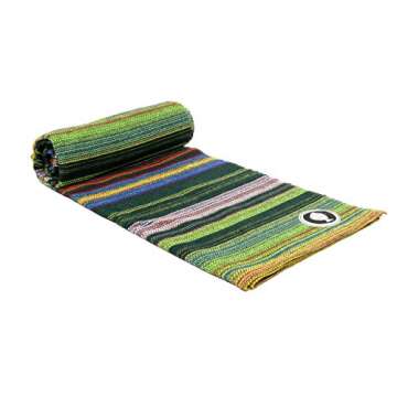 Handwoven Outdoor Yoga Blanket- Outside Patio Throw | Handmade Yoga Mat Beach Blanket Picnic Blanket Decorative Throw | 100 Cotton Outdoor Blanket for Patio Chairs Couch- Green Striped Yoga Mat Size
