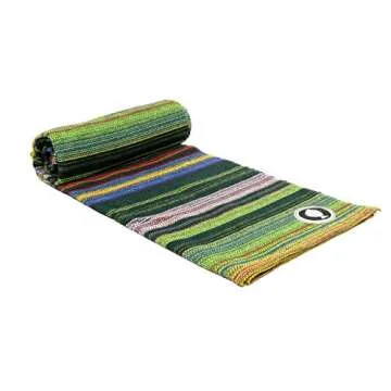 Handwoven Outdoor Yoga Blanket- Outside Patio Throw | Handmade Yoga Mat Beach Blanket Picnic Blanket Decorative Throw | 100 Cotton Outdoor Blanket for Patio Chairs Couch- Green Striped Yoga Mat Size
