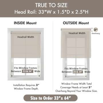 Madison Park Galen Cordless Roman Shades - Fabric Privacy Single Panel Darkening, Energy Efficient, Thermal Insulated Window Blind Treatment, for Bedroom, Living Room Decor, 33" x 64", Ivory