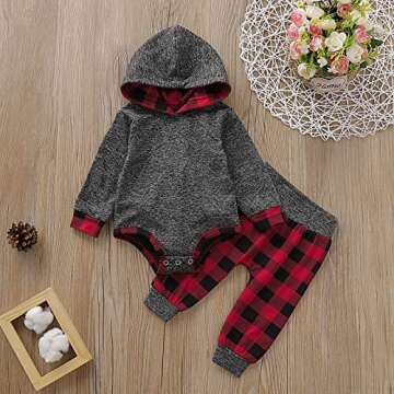 ODASIRA Newborn Baby Boy Clothes Fall Winter Infant Outfits Long Sleeve Hoodie Romper + Red Plaid Pants Set Grey 3-6 Months 80cm