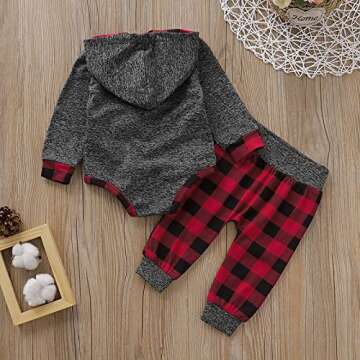ODASIRA Newborn Baby Boy Clothes Fall Winter Infant Outfits Long Sleeve Hoodie Romper + Red Plaid Pants Set Grey 3-6 Months 80cm