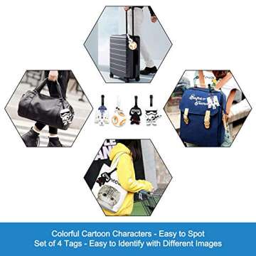 4 Pcs Set Star Wars Kylo Ren BB8 Stormtrooper R2D2 Silicone Travel Luggage Baggage Identification Labels ID Tag for Bag Suitcase Plane Cruise Ships with Belt Strap