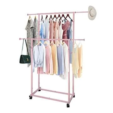 Fishat Pink Double Rod Garment Rack for Clothes Storage
