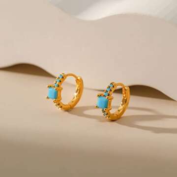 Turquoise Huggie Hoop Earrings for Women Gold 18K Real Plated Small Turquoise Hoops Earrings Gold Piercing Earring Christmas Birthday Gifts for Women