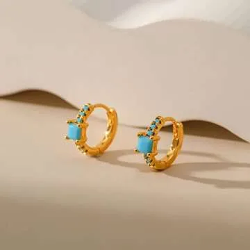Turquoise Huggie Hoop Earrings for Women Gold 18K Real Plated Small Turquoise Hoops Earrings Gold Piercing Earring Christmas Birthday Gifts for Women