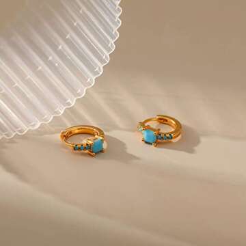 Turquoise Huggie Hoop Earrings for Women Gold 18K Real Plated Small Turquoise Hoops Earrings Gold Piercing Earring Christmas Birthday Gifts for Women