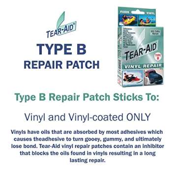 TEAR-AID Vinyl Repair Kit, Type B Clear Patch for Vinyl and Vinyl-Coated Materials, Works on Vinyl Tents, Awnings, Air Matresses, Pool Liners & More, Green Box, Single Pack