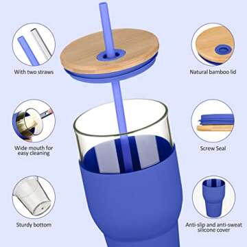 kytffu 32oz Glass Tumbler with Straw and Lid, Reusable Boba Smoothie Cup Iced Coffee Tumbler with Si...