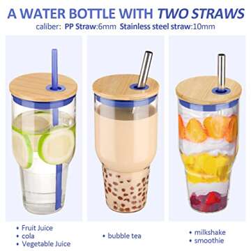kytffu 32oz Glass Tumbler with Straw and Lid, Reusable Boba Smoothie Cup Iced Coffee Tumbler with Silicone Sleeve, Fits Cup Holder Glass Water Bottle BPA Free,Blue