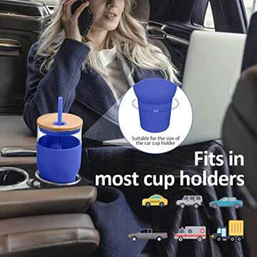 kytffu 32oz Glass Tumbler with Straw and Lid, Reusable Boba Smoothie Cup Iced Coffee Tumbler with Silicone Sleeve, Fits Cup Holder Glass Water Bottle BPA Free,Blue