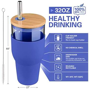 kytffu 32oz Glass Tumbler with Straw and Lid, Reusable Boba Smoothie Cup Iced Coffee Tumbler with Silicone Sleeve, Fits Cup Holder Glass Water Bottle BPA Free,Blue