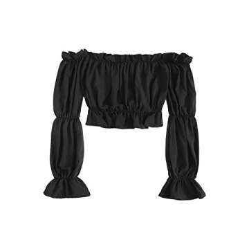 LYANER Off Shoulder Ruffle Crop Blouse Shirt Top Black