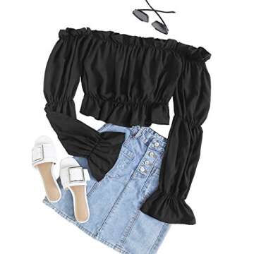 LYANER Off Shoulder Ruffle Crop Blouse Shirt Top Black