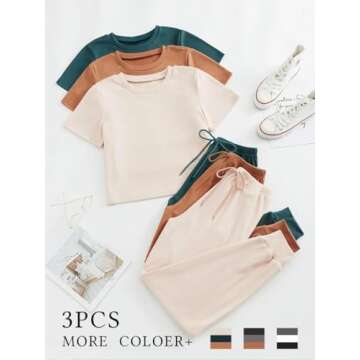 3 Sets Solid Round Neck Shortsleeve Tee & Drawstring Waist Pants, Summer Soft Casual Comfort Pajama ...