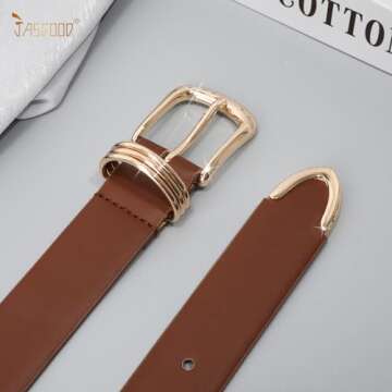 JASGOOD Women Leather Belt Gold Buckle Ladies Elegant Faux Leather Waist Belt for Jeans Pants