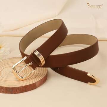 JASGOOD Women Leather Belt Gold Buckle Ladies Elegant Faux Leather Waist Belt for Jeans Pants