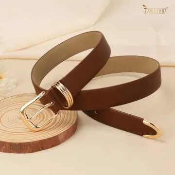 JASGOOD Women Leather Belt Gold Buckle Ladies Elegant Faux Leather Waist Belt for Jeans Pants
