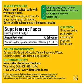 Nature Made Vitamin B12 1000 mcg, Dietary Supplement for Energy Metabolism Support, 90 Softgels, 90 Day Supply